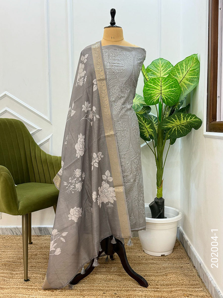 Chanderi Designer Floral Work Banarasi Suit With Dupatta view 2