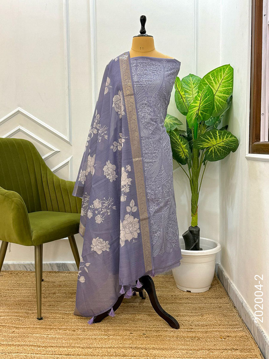 Chanderi Designer Floral Work Banarasi Suit With Dupatta view 3