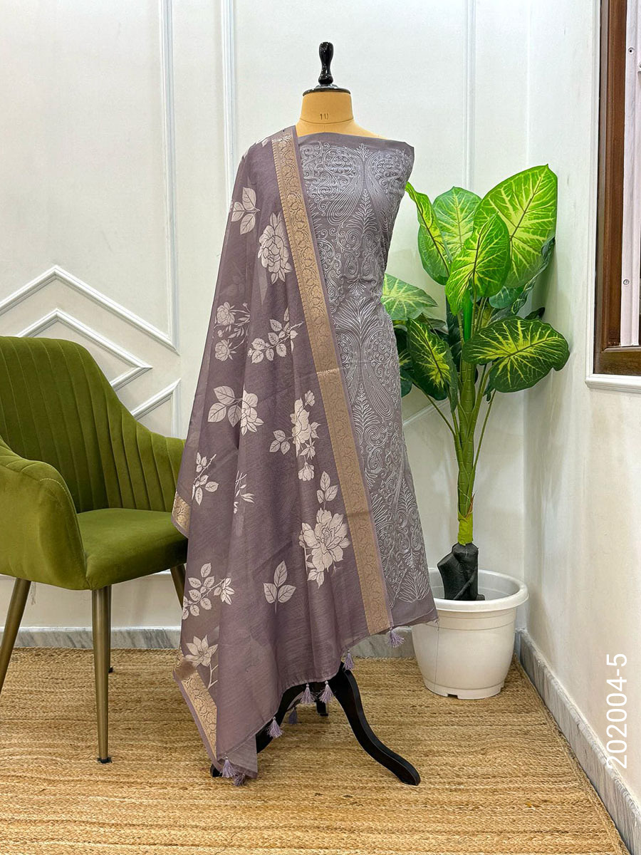 Chanderi Designer Floral Work Banarasi Suit With Dupatta view 6