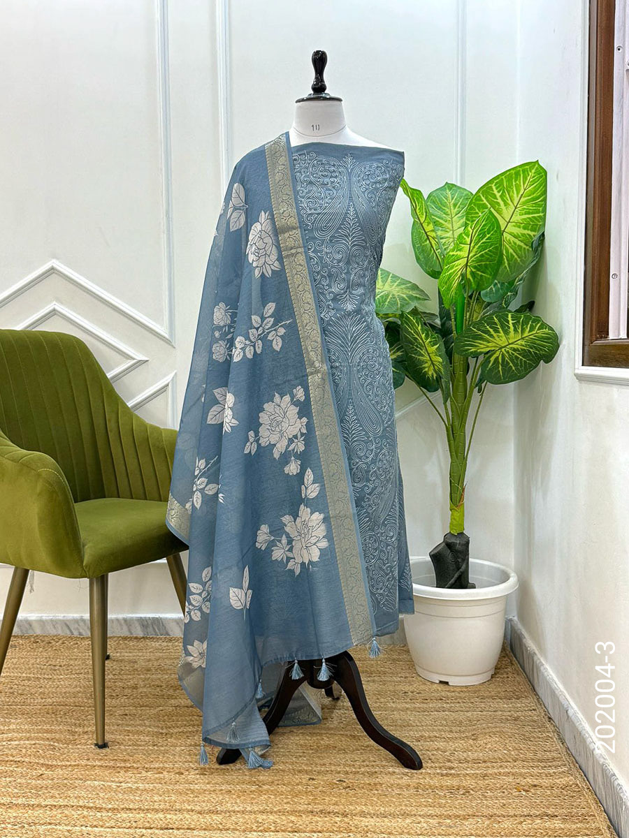 Chanderi Designer Floral Work Banarasi Suit With Dupatta view 4