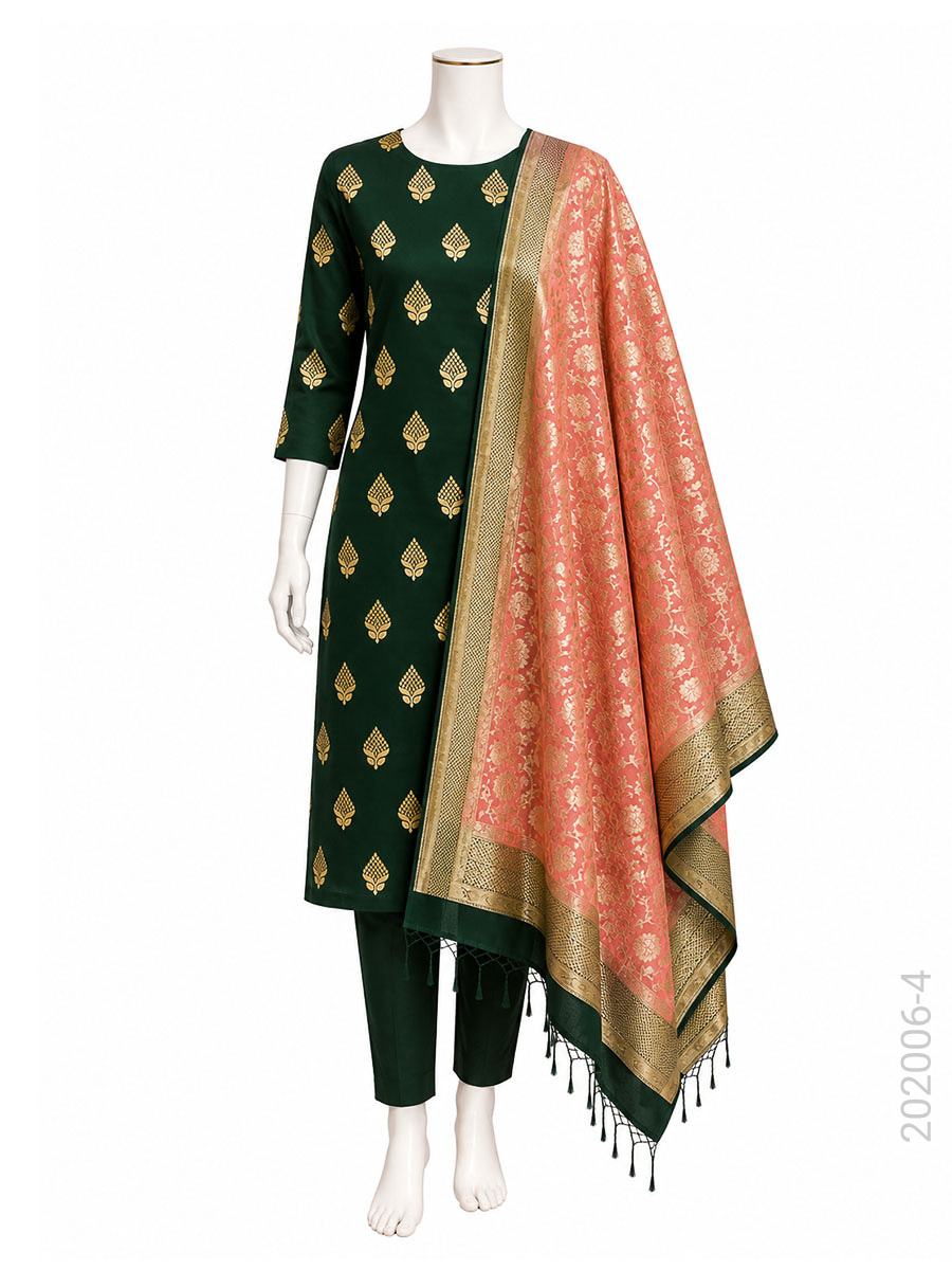 Mercerized Cotton Zari Buta Work Banarasi Suit With Masrise Cotton Dupatta view 5