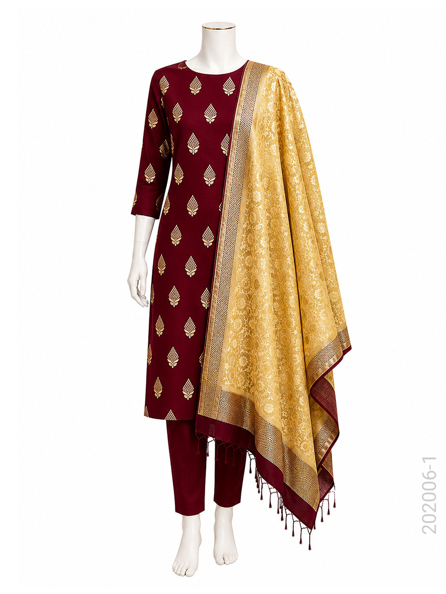 Mercerized Cotton Zari Buta Work Banarasi Suit With Masrise Cotton Dupatta view 2