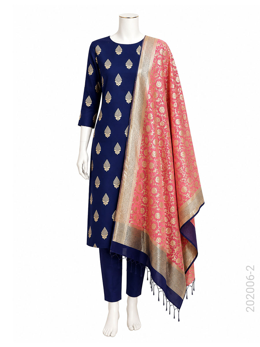 Mercerized Cotton Zari Buta Work Banarasi Suit With Masrise Cotton Dupatta view 3