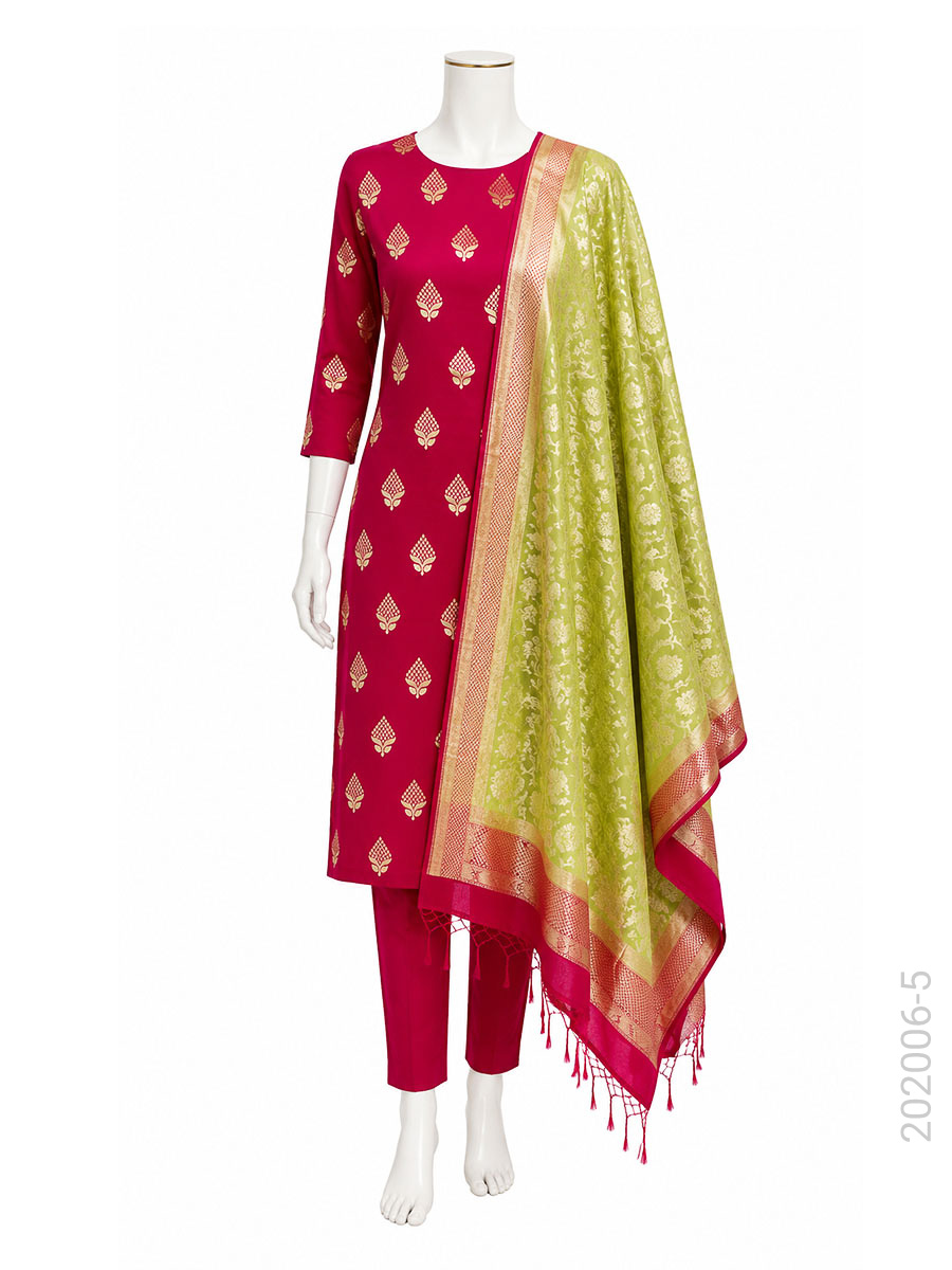 Mercerized Cotton Zari Buta Work Banarasi Suit With Masrise Cotton Dupatta view 6