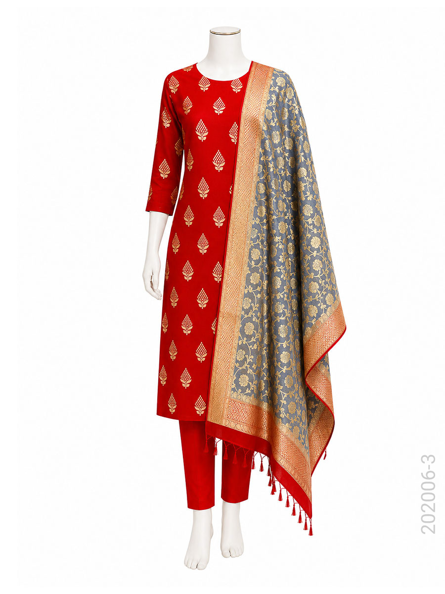 Mercerized Cotton Zari Buta Work Banarasi Suit With Masrise Cotton Dupatta view 4