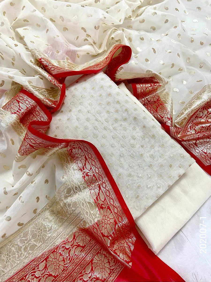 Mercerized Cotton Zari Buti Work Banarasi Suit With Cotton Dupatta view 2