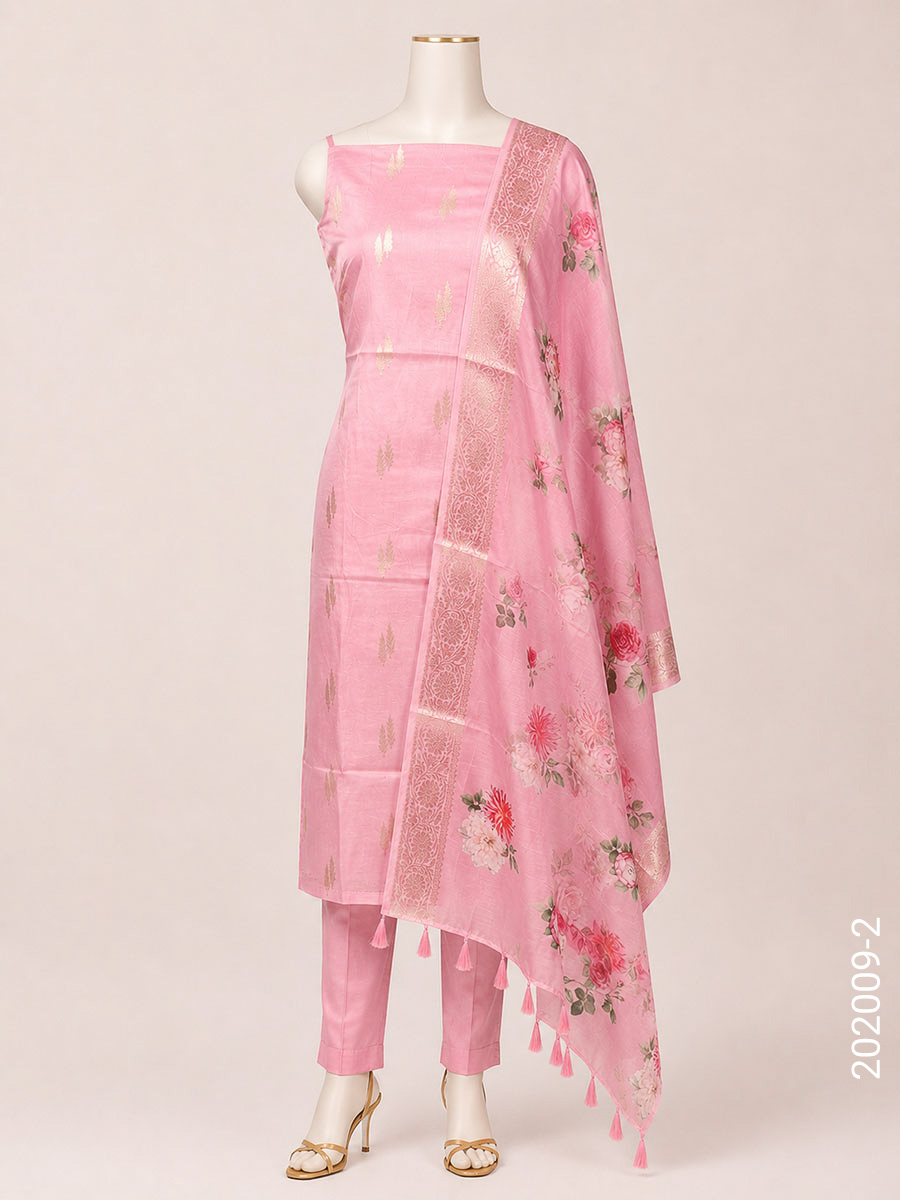 Mercerized Cotton Zari Buta Work Banarasi Suit With Chanderi Dupatta view 3